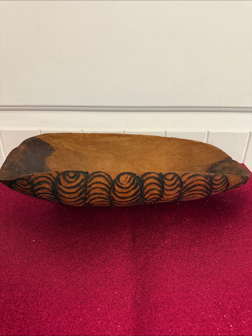 Hand-Carved Wooden Dough Bowl with Wave Carving Vintage